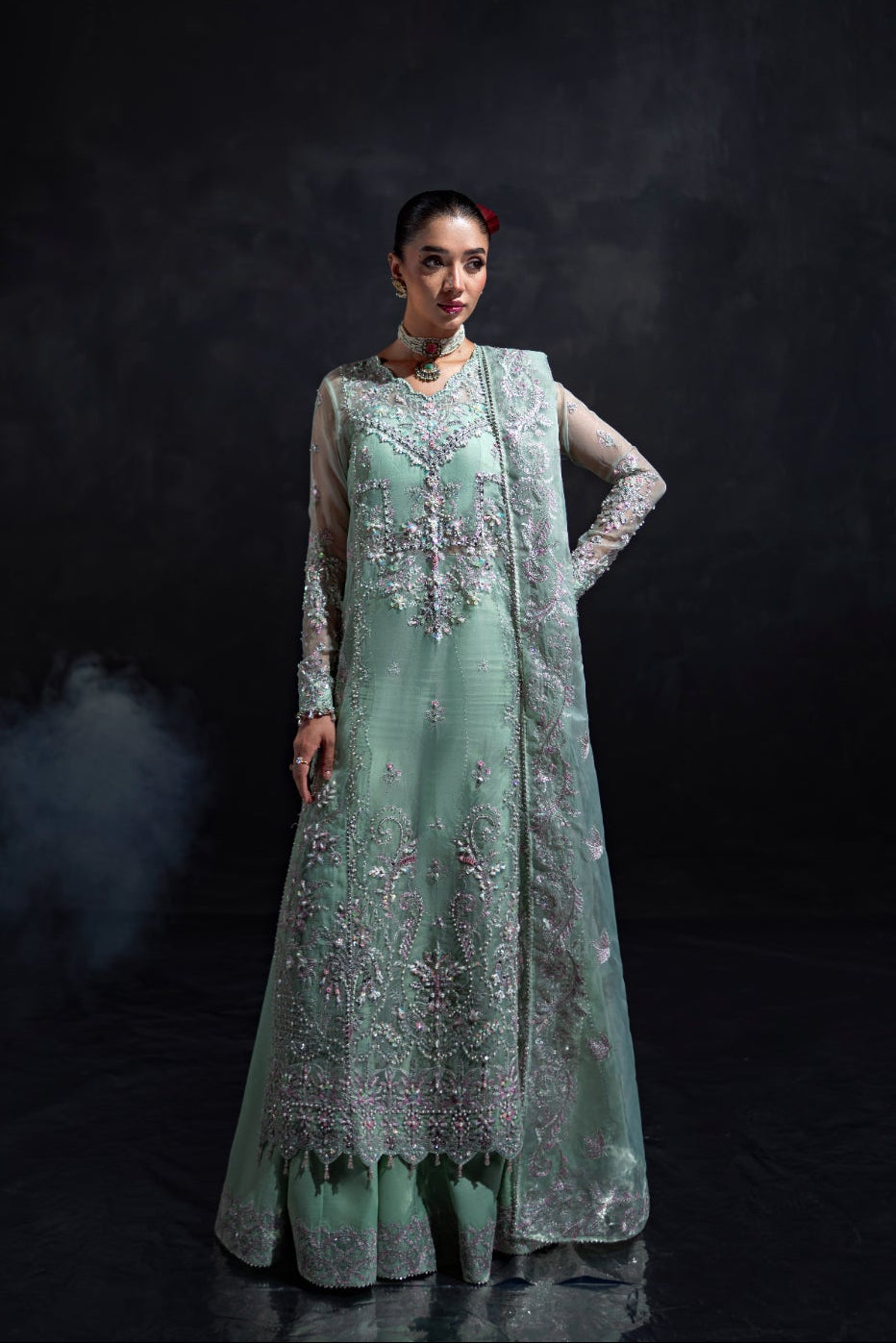 sachin and babi light blue dress Light-Green Embroidered Georgette Evening Long Gown Semi Sti